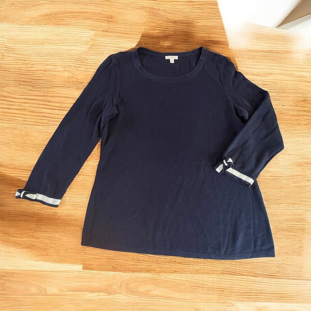 Talbot’s Navy Blue Knit Top Accent Bows 3/4 Sleeve Nautical Preppy Size S Petite